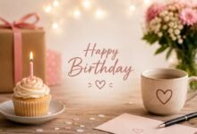 Cozy birthday scene with cupcake, gift, flowers and card for close friend birthday wishes