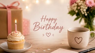 Cozy birthday scene with cupcake, gift, flowers and card for close friend birthday wishes