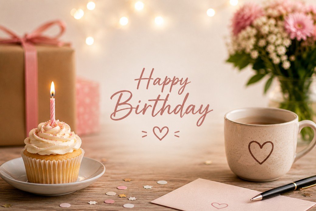 Cozy birthday scene with cupcake, gift, flowers and card for close friend birthday wishes