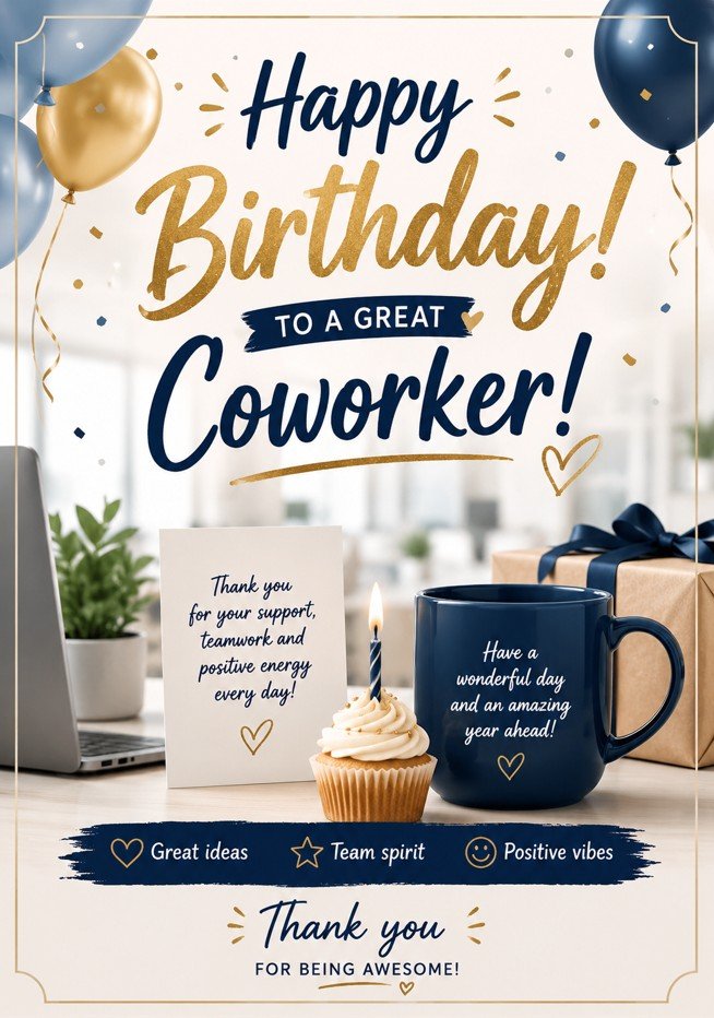 Birthday wishes for coworker greeting card with a cheerful message for a colleague or teammate.