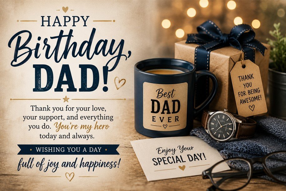 Birthday wishes for Dad card with a cozy gift box, coffee mug, wristwatch, glasses, warm lights, and a heartfelt message.