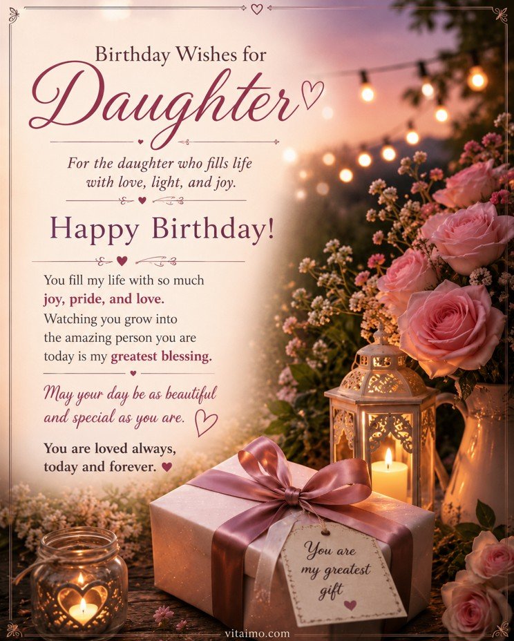 Birthday wishes for daughter greeting card with pink roses, gift box, lantern lights and heartfelt birthday message