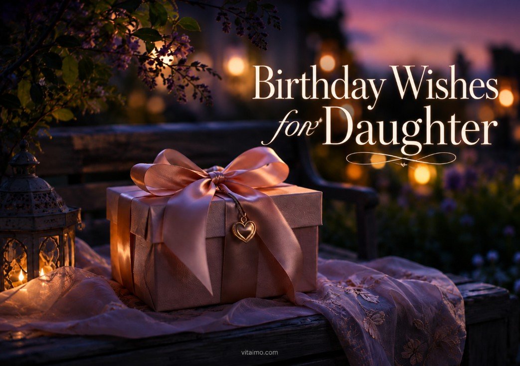 Birthday Wishes for Daughter cover with elegant wrapped gift, lantern lights and twilight garden background