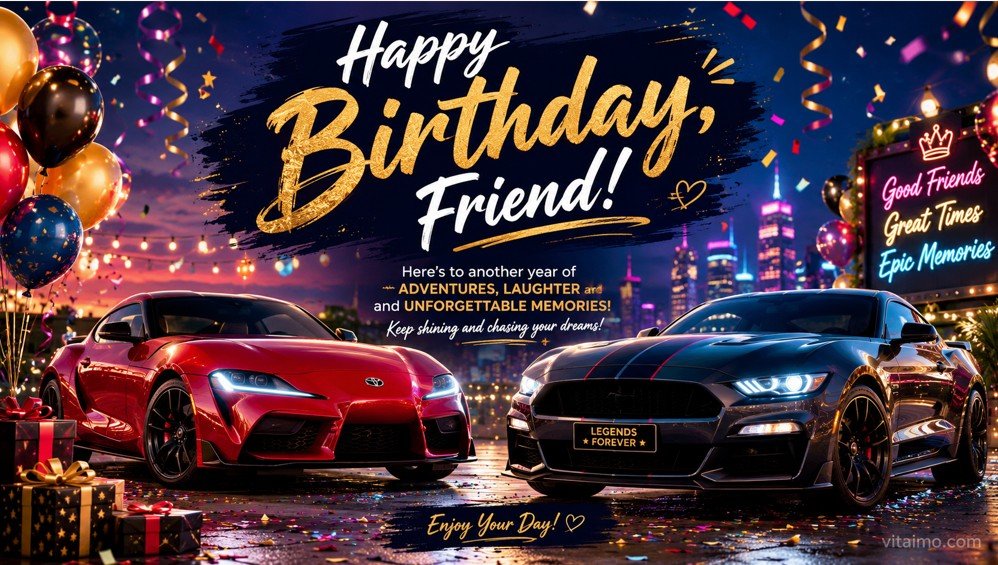 Birthday wishes for a friend card with sports cars, party lights, balloons, city skyline, gifts, and a fun celebration message.