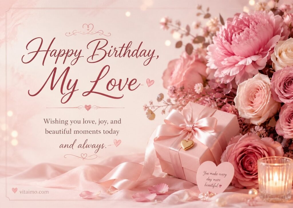 Romantic birthday wishes for girlfriend card with pink flowers, roses, a gift box, candlelight, and a tender love message.