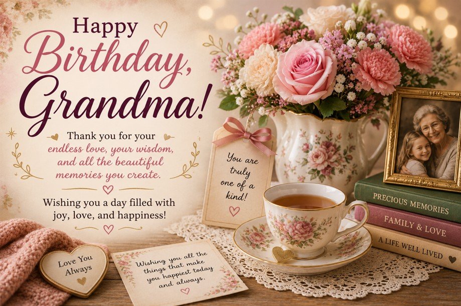 Birthday wishes for Grandma card with vintage flowers, tea cup, family photo, memory books, and a warm loving message.