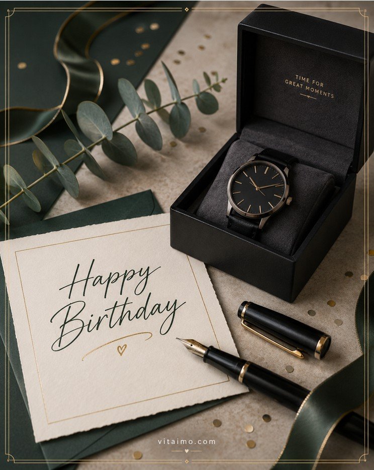 Elegant birthday card for husband with a black watch, dark green ribbon, fountain pen, gold details, and a handwritten Happy Birthday message.
