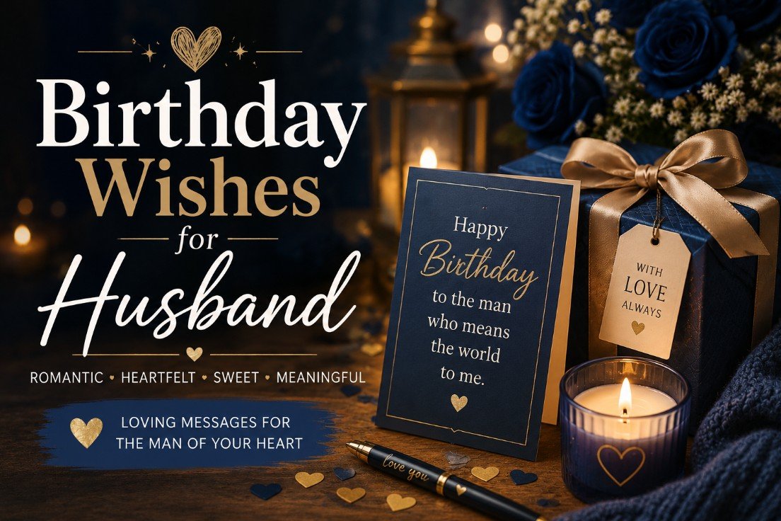 Romantic birthday wishes for husband cover with dark blue gift box, candlelight, birthday card, gold details, and warm celebration mood.