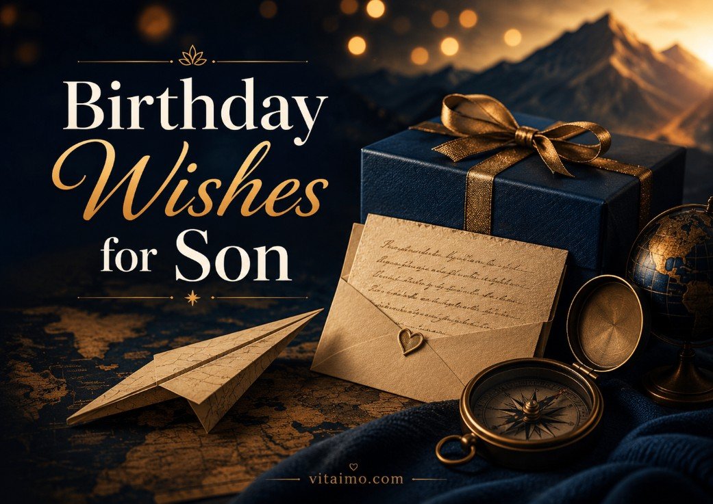 Birthday wishes for son with an elegant gift, handwritten card, compass, and warm adventure-inspired birthday scene