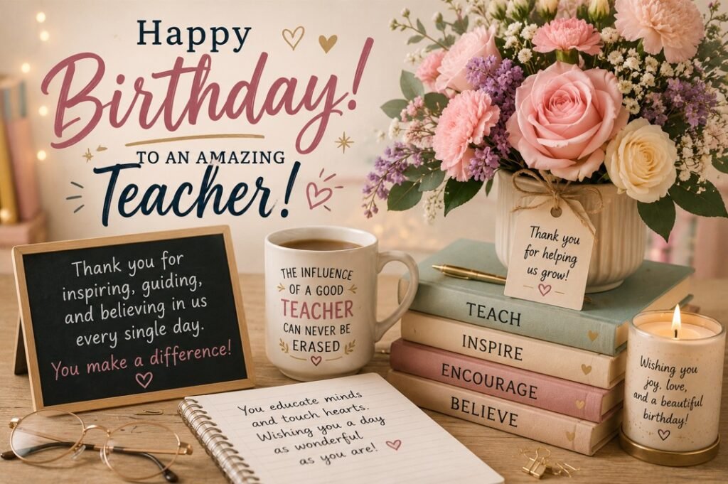 Birthday wishes for Teacher card with flowers, books, a coffee mug, candlelight, classroom stationery, and a warm thank-you message.