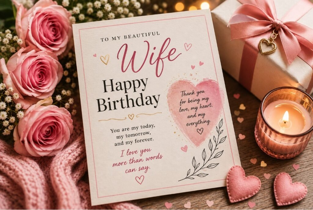 Romantic birthday card for wife with pink roses, candlelight, gift box, hearts, and a loving Happy Birthday message.