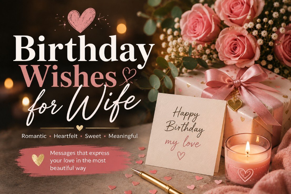Romantic birthday wishes for wife cover with pink roses, gift box, candlelight, birthday card, and warm evening celebration mood.