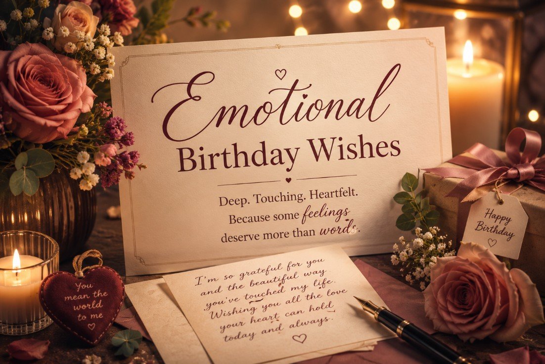 Emotional Birthday Wishes card with candlelight, roses, handwritten note, gift, and deep heartfelt birthday message