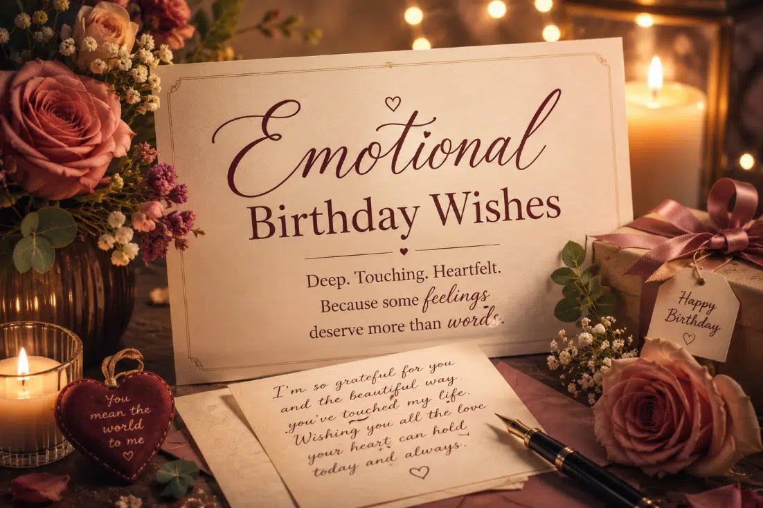 Emotional Birthday Wishes card with candlelight, roses, handwritten note, gift, and deep heartfelt birthday message