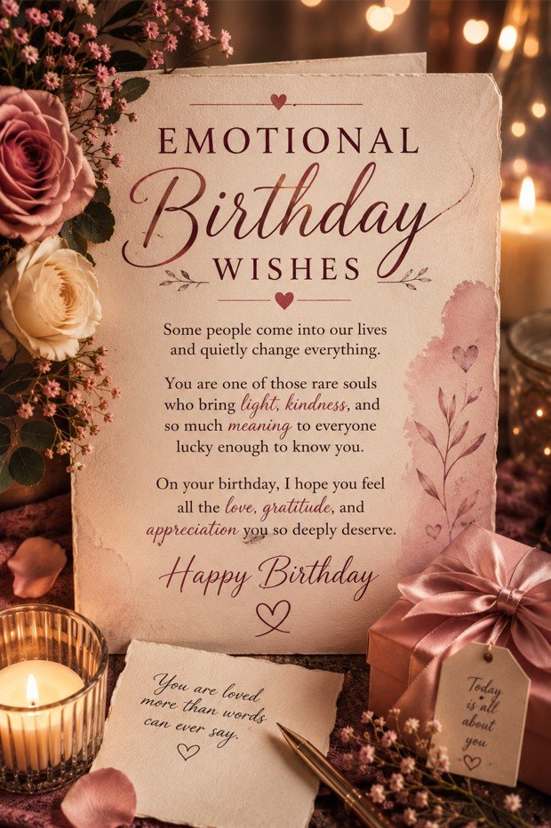 Emotional Birthday Wishes card with roses, candlelight, gift box, handwritten note, and touching birthday message