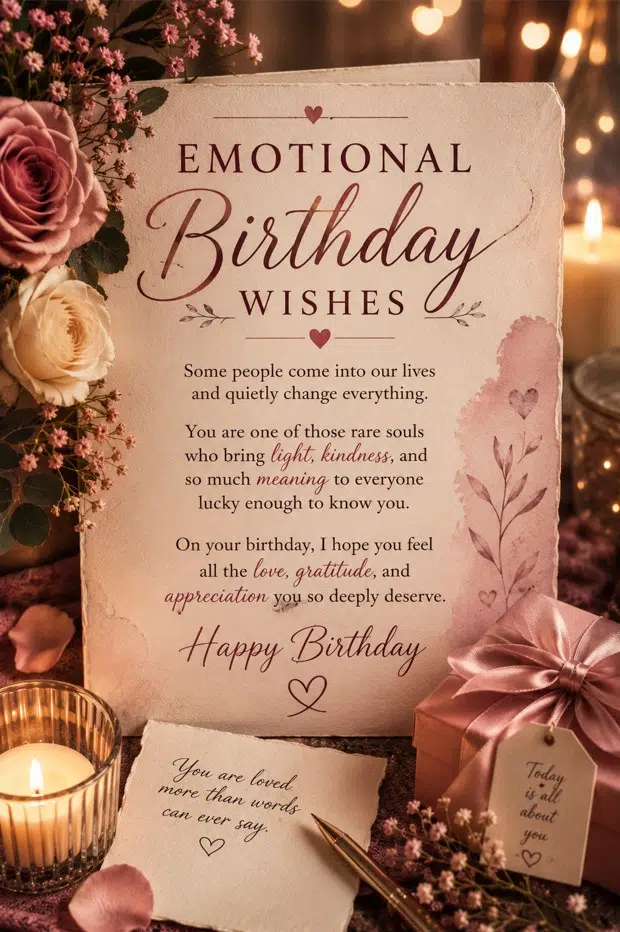 Emotional Birthday Wishes card with roses, candlelight, gift box, handwritten note, and touching birthday message