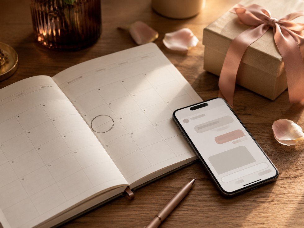 Calendar with missed birthday date, phone message, and gift