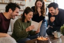 Friends laughing at a funny birthday card during a birthday celebration with cake