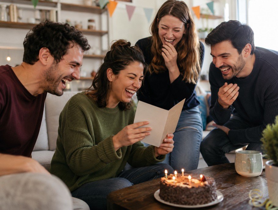 Friends laughing at a funny birthday card during a birthday celebration with cake