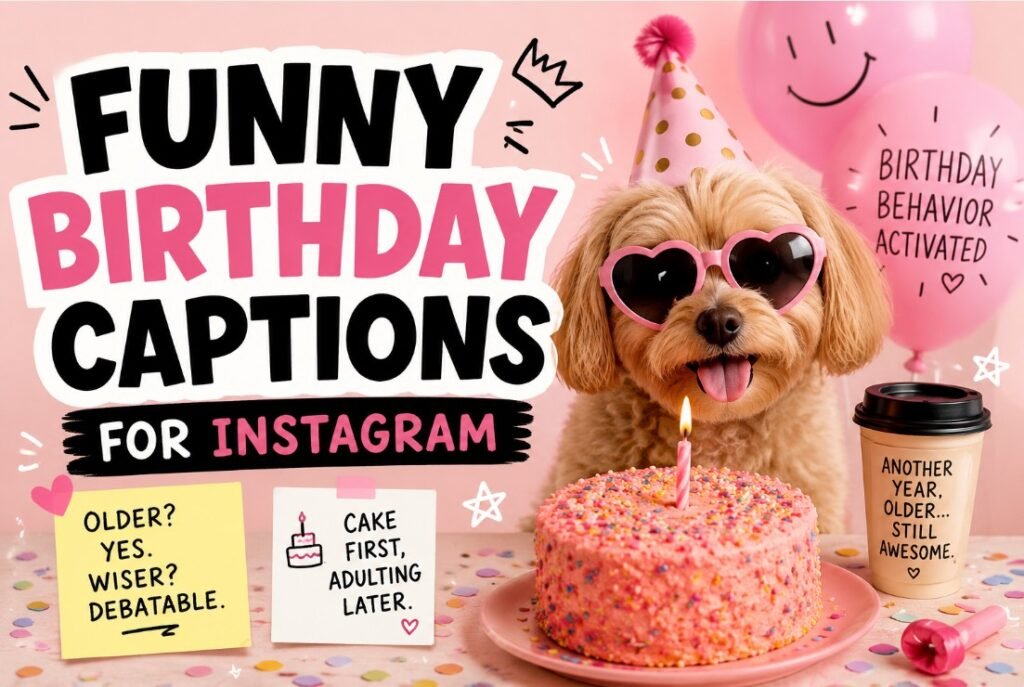 Funny birthday captions for Instagram with dog, cake, balloons, and playful party notes