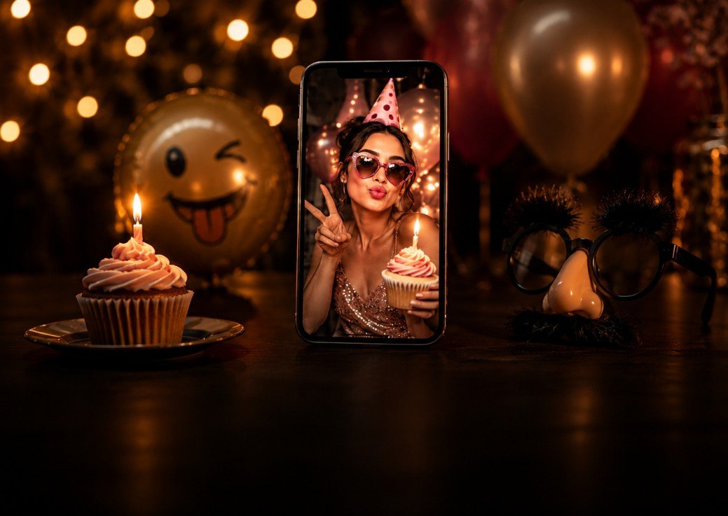 Funny birthday Instagram selfie with cupcake and party props in a dark setting