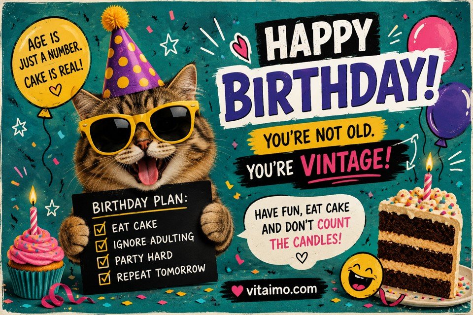 Funny happy birthday card with a cat in sunglasses, birthday cake, balloons and playful vintage text
