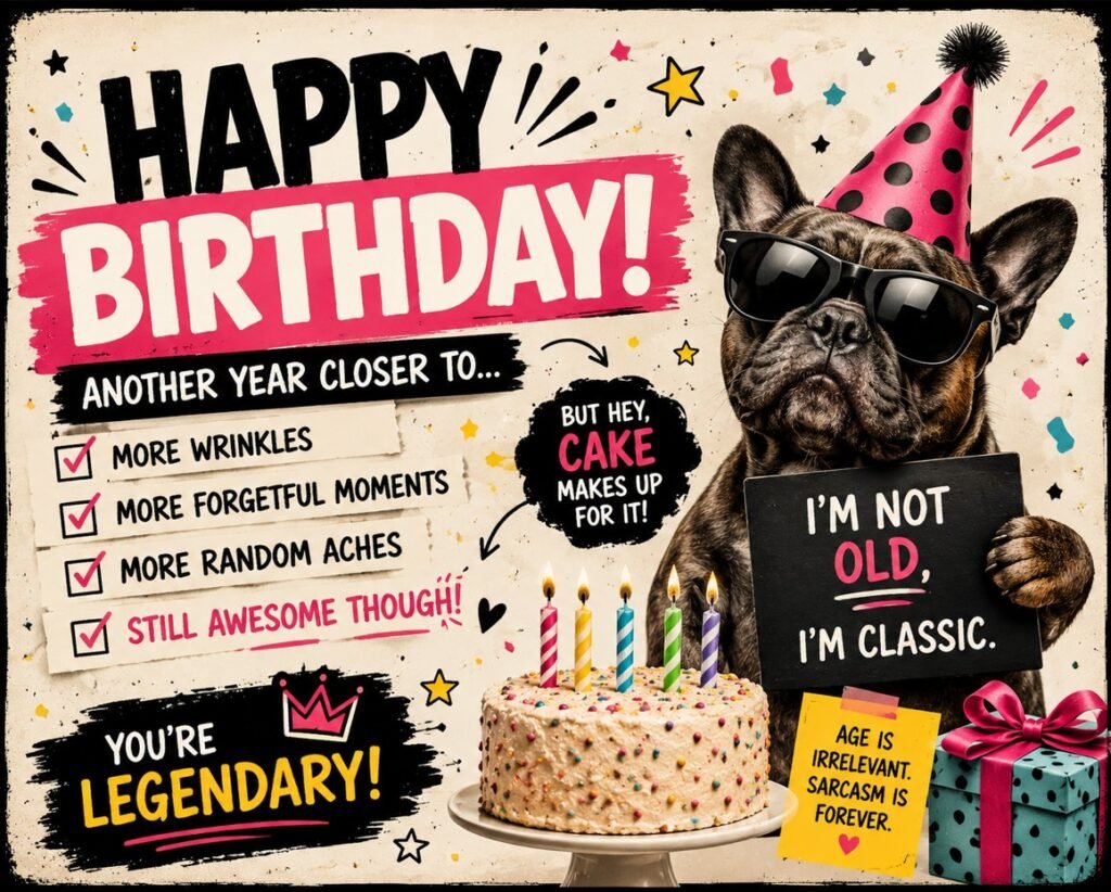 Funny happy birthday card with a cool dog in sunglasses, birthday cake, candles, gift box and playful classic not old text