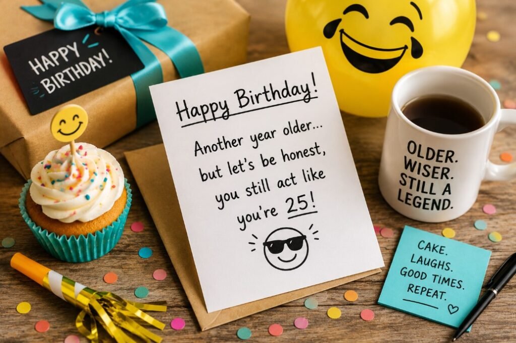 Funny birthday wishes card with cupcake, gift, smiley balloon, mug and playful party decorations