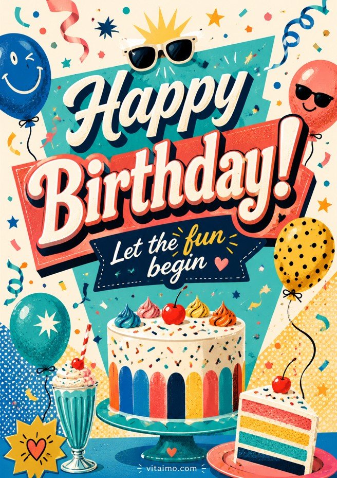 Funny happy birthday postcard with colorful cake, balloons, confetti and playful let the fun begin text