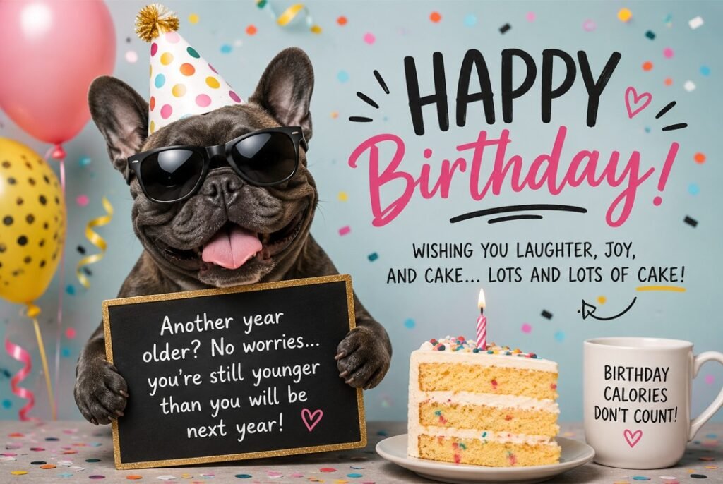 Funny Happy Birthday wishes card with a party dog, sunglasses, colorful confetti, balloons, cake, and a playful birthday message.