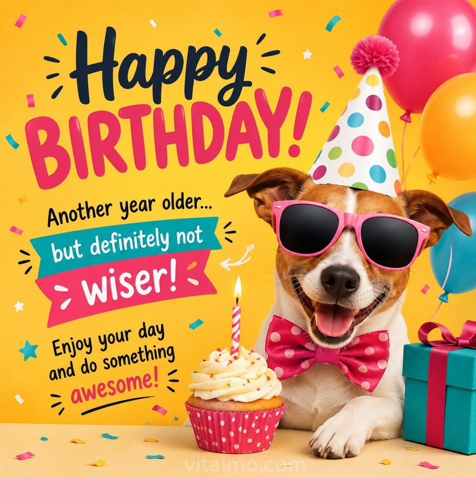 Funny happy birthday card with a smiling dog in sunglasses, birthday cake, balloons, gifts