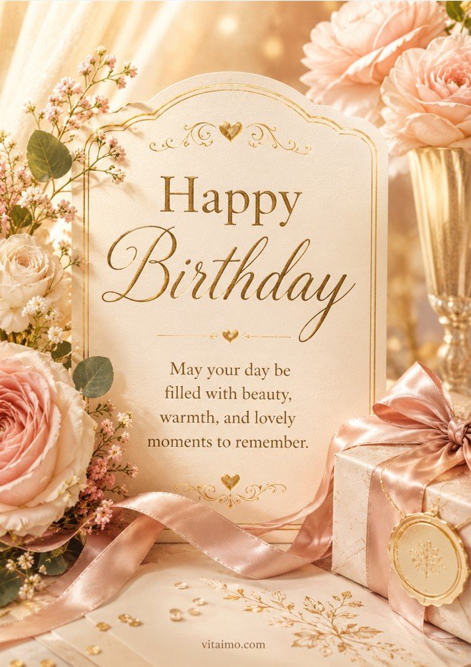 Happy Birthday card with elegant flowers, gold accents, blush ribbon, gift box, and a beautiful birthday message