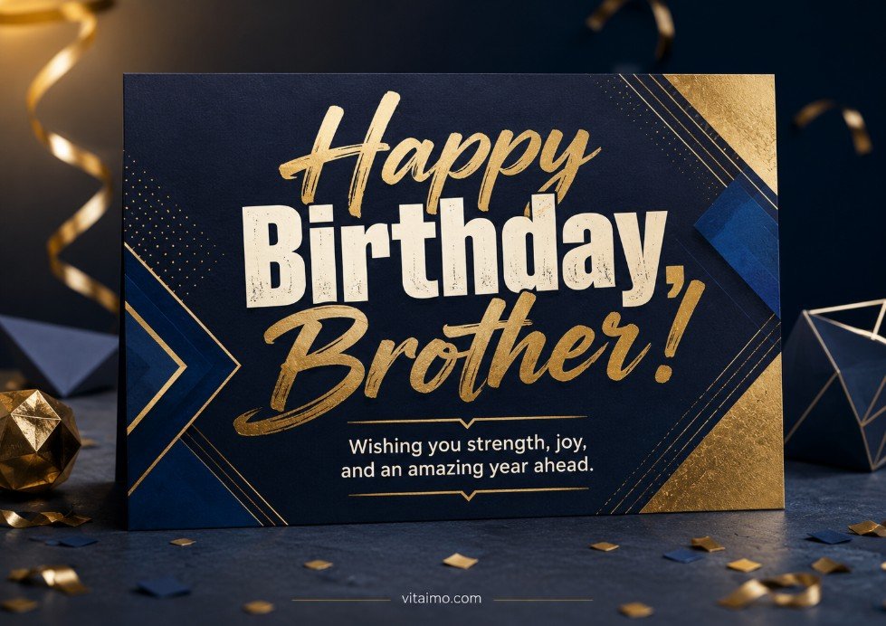 Happy Birthday Brother card with modern balloons, gift box, warm lights, and bold lettering