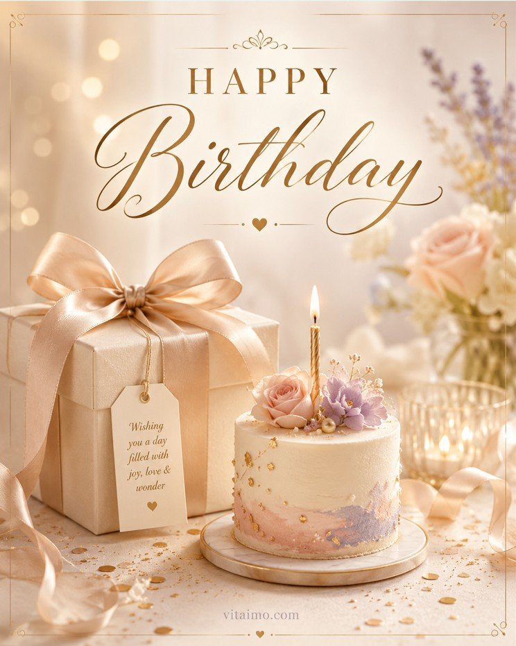 Elegant happy birthday postcard with a gift box, birthday cake, candle, flowers