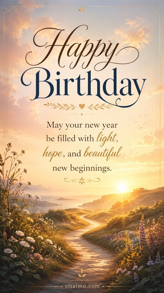 Happy birthday card with a sunrise path, flowers, and an inspirational message about light, hope, and new beginnings