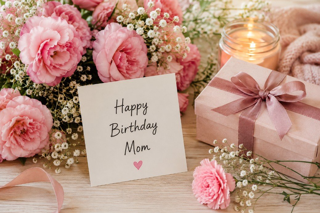Happy Birthday Mom card with pink flowers, gift and candlelight