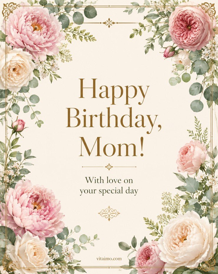 Happy birthday mom floral card with pink peonies, roses, greenery and elegant gold details