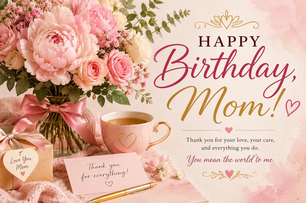 Happy birthday mom horizontal card with pink flowers, teacup, gift, handwritten note and elegant details