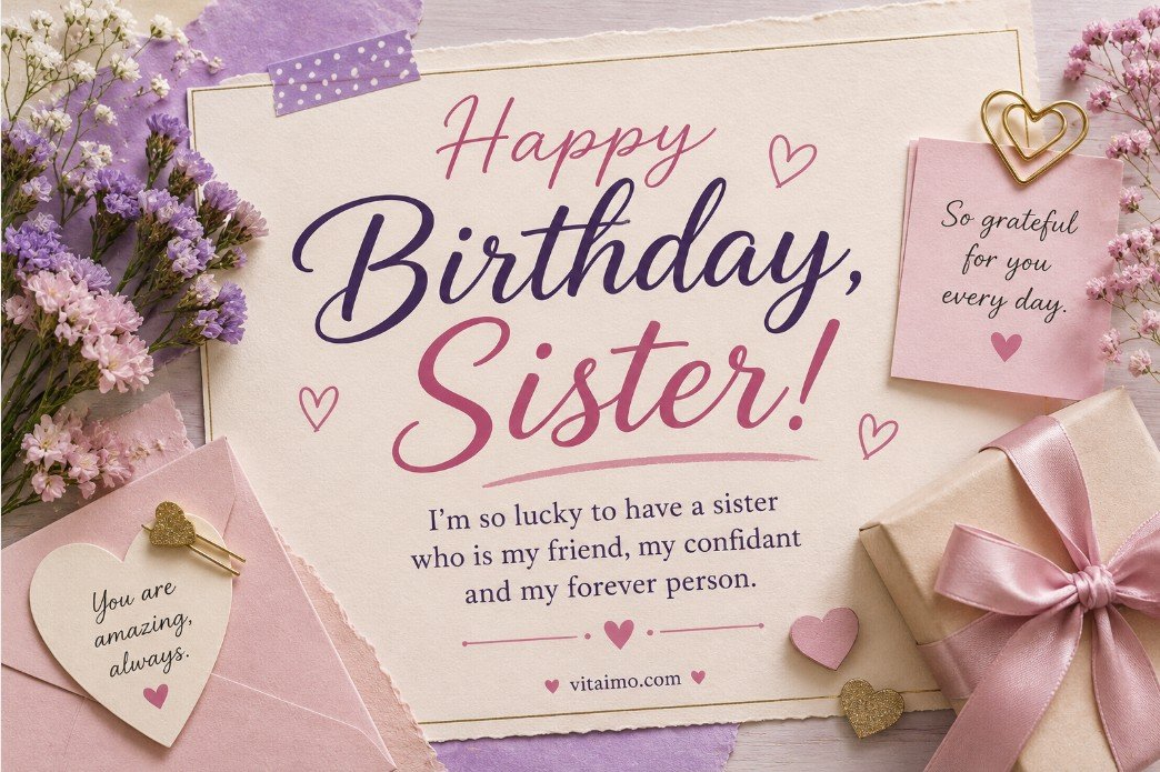 Happy birthday sister card with pressed flowers, ribbon, envelope and elegant details
