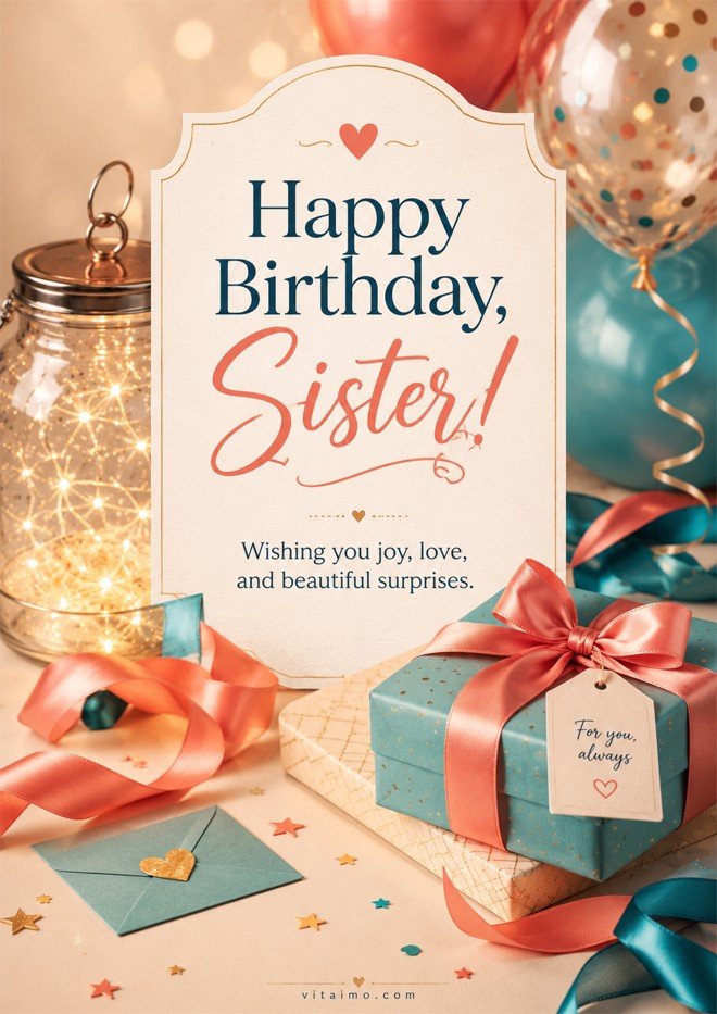 Happy Birthday Sister card with gifts, balloons, ribbons, and warm celebration lights