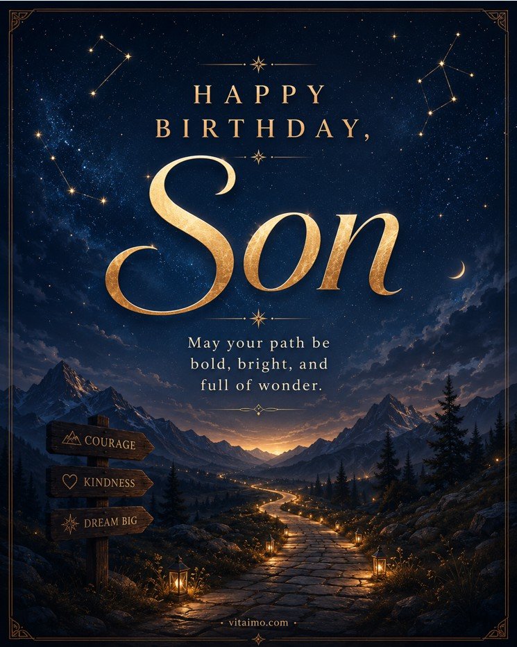 Happy birthday son card with a glowing mountain path, stars, and an inspiring birthday message