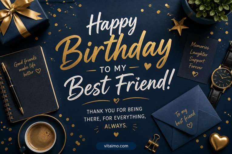 Happy birthday to my best friend elegant card with navy background, gold accents, coffee and envelope