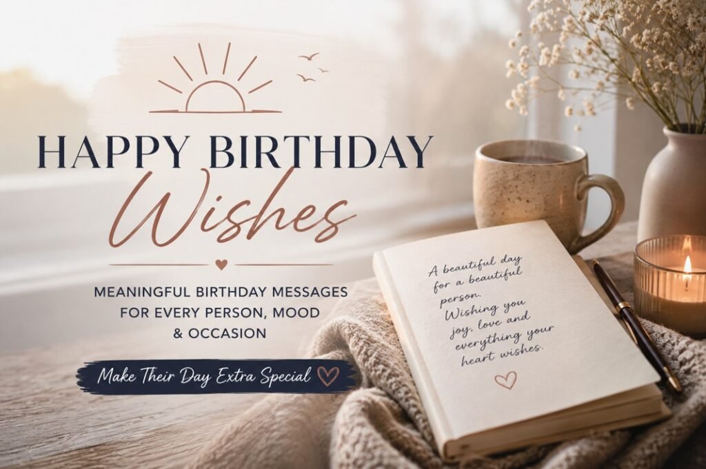 Heartfelt Birthday Wishes 2 Happy Birthday Wishes card with cozy notebook, candle, flowers and warm morning light