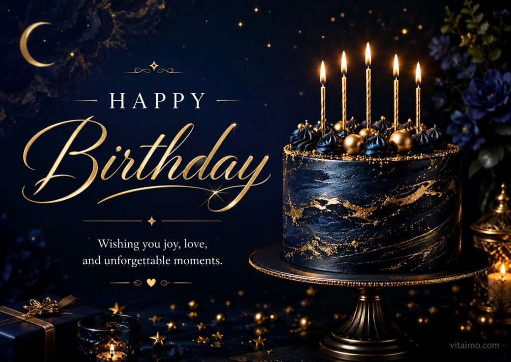 Elegant Happy Birthday wishes image with a dark navy cake, glowing candles, golden accents, and a warm birthday message.