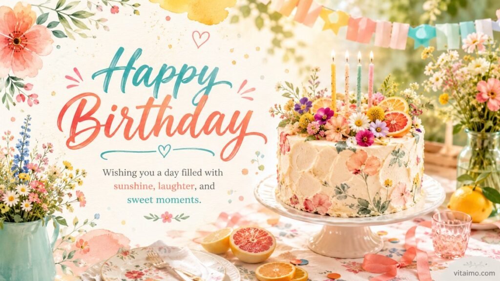 Bright Happy Birthday wishes image with a floral cake, colorful candles, citrus slices, garden flowers, and a cheerful birthday message.
