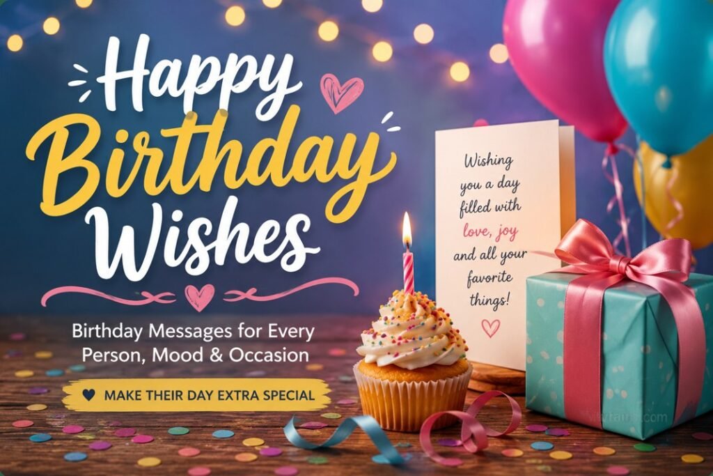 Heartfelt Birthday Wishes 1 Happy Birthday Wishes card with cupcake, balloons, gift box and festive party lights
