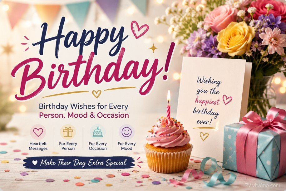 Happy Birthday Wishes card with cupcake, flowers, gift box and festive decorations