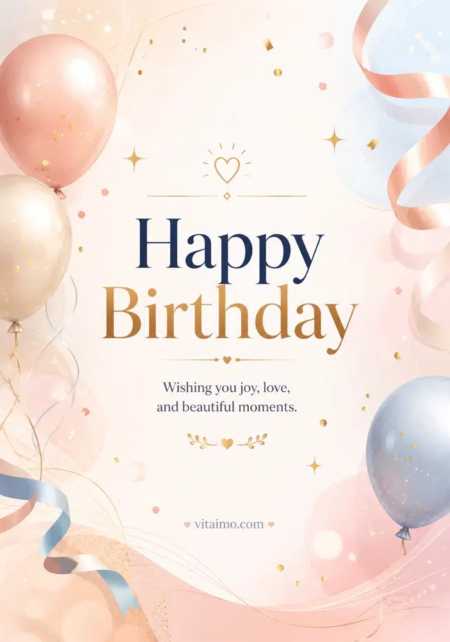 Elegant Happy Birthday wishes card with pastel balloons, soft ribbons, golden confetti, and a warm birthday message.