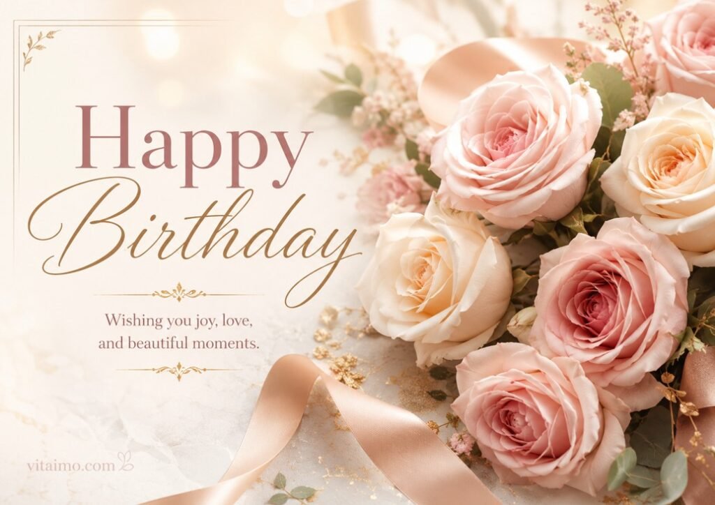 Elegant Happy Birthday wishes card with blush pink roses, ivory roses, soft ribbon, golden details, and a warm birthday message.