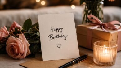 How to Make a Birthday Message More Emotional 3 Birthday card with candle, roses, and gift in a warm emotional setting